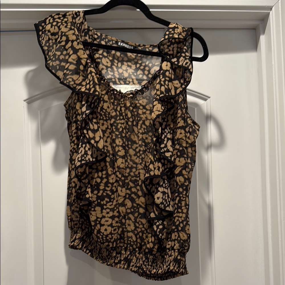 Express Women's Black and Tan Ruffle Top